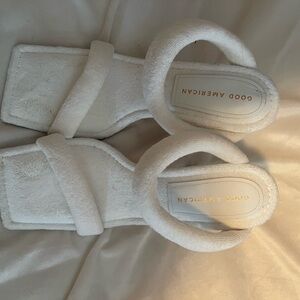 Good American Cream Heeled Sandals